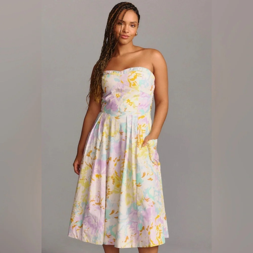 Maeve by anthropologie corset spring pastel midi pleats floral dress size xs